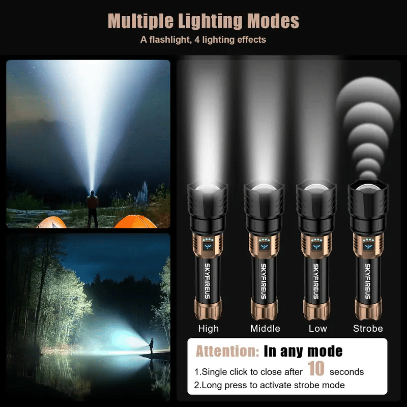 SKYFIRE 1097 Taschenlampe, starkes Licht, ultrahell, für Outdoor-Camping, Zuhause, große Reichweite, tragbar, ultralange Ausdauerbeleuchtung